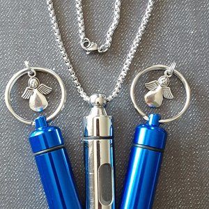 Blue Mini Cremation Urn Pendant Stainless Steel Pendant Necklace Small